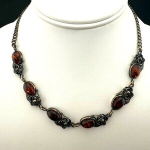Vintage Sterling Silver Italian Amber Statement Necklace Floral Detail 925 Italy